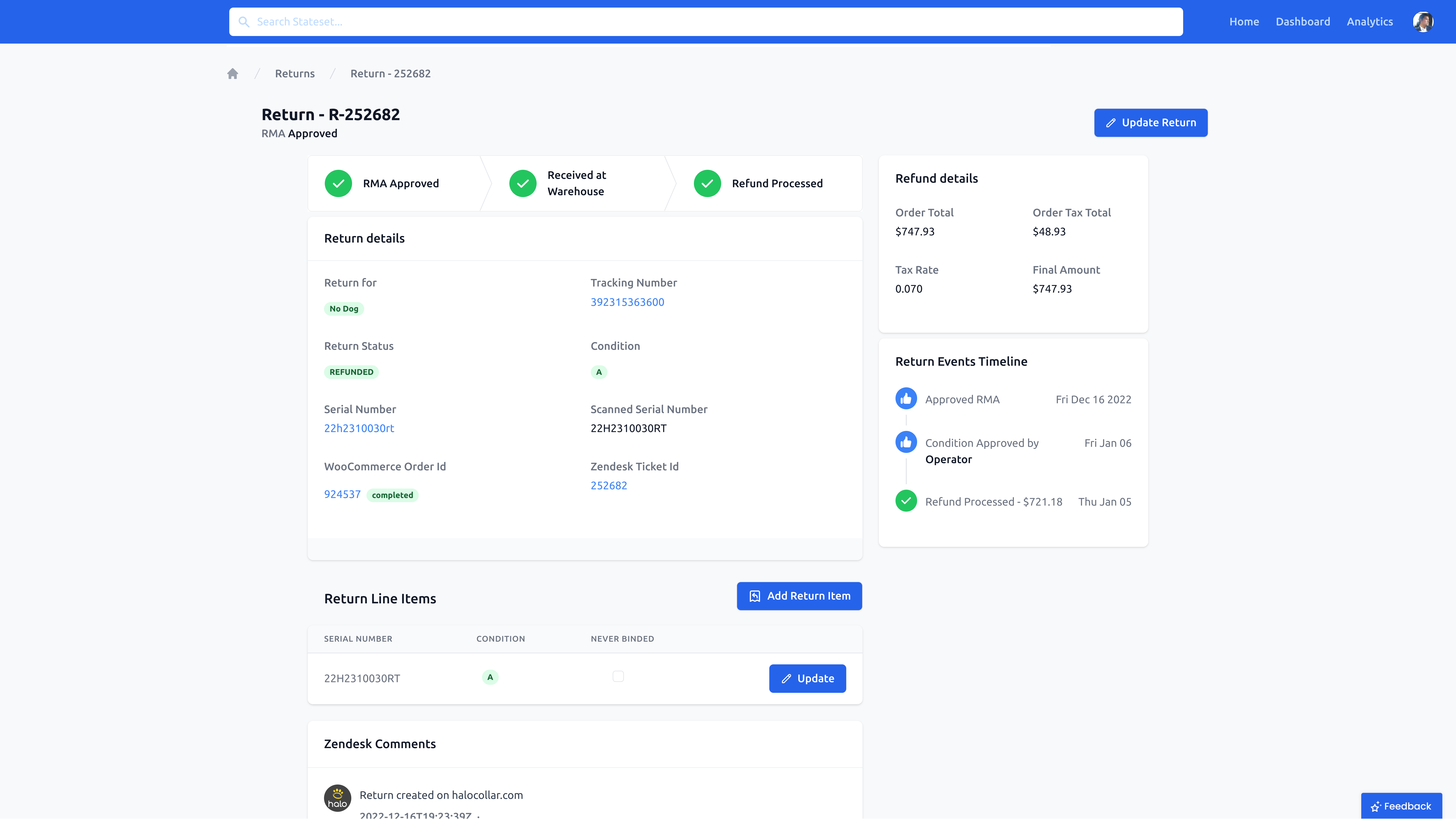 StateSet One returns management interface showing RMA processing, return tracking, and refund status